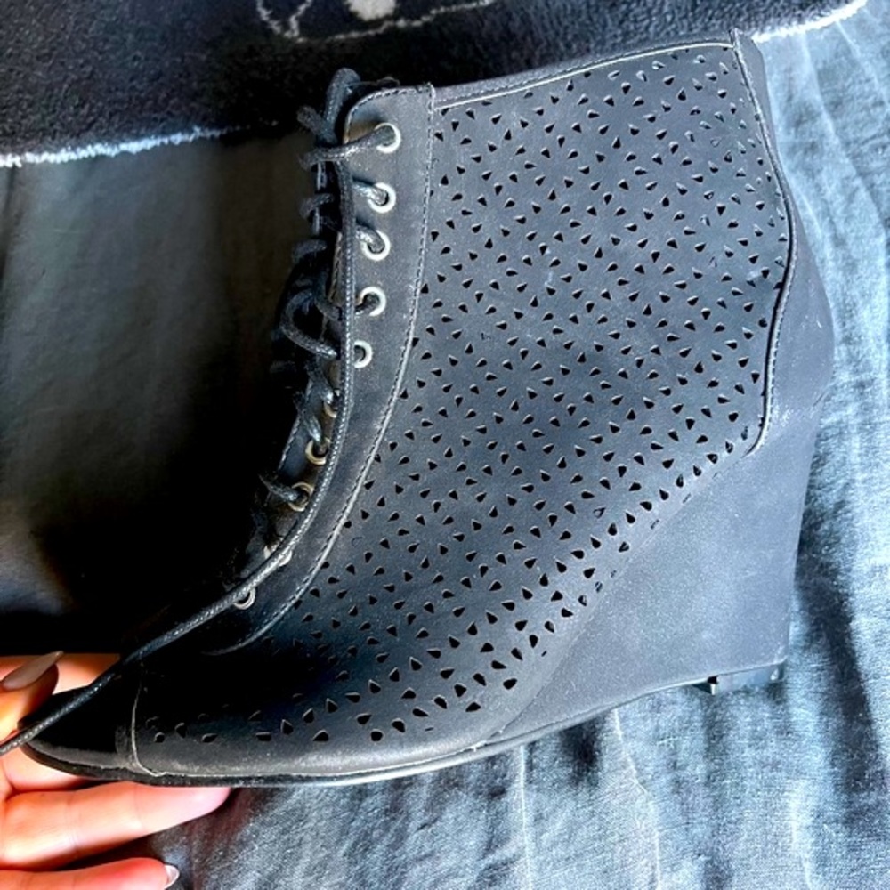 NWOT Black Perforated Wedge Ankle Boots - Women's Lace-Up Comfort